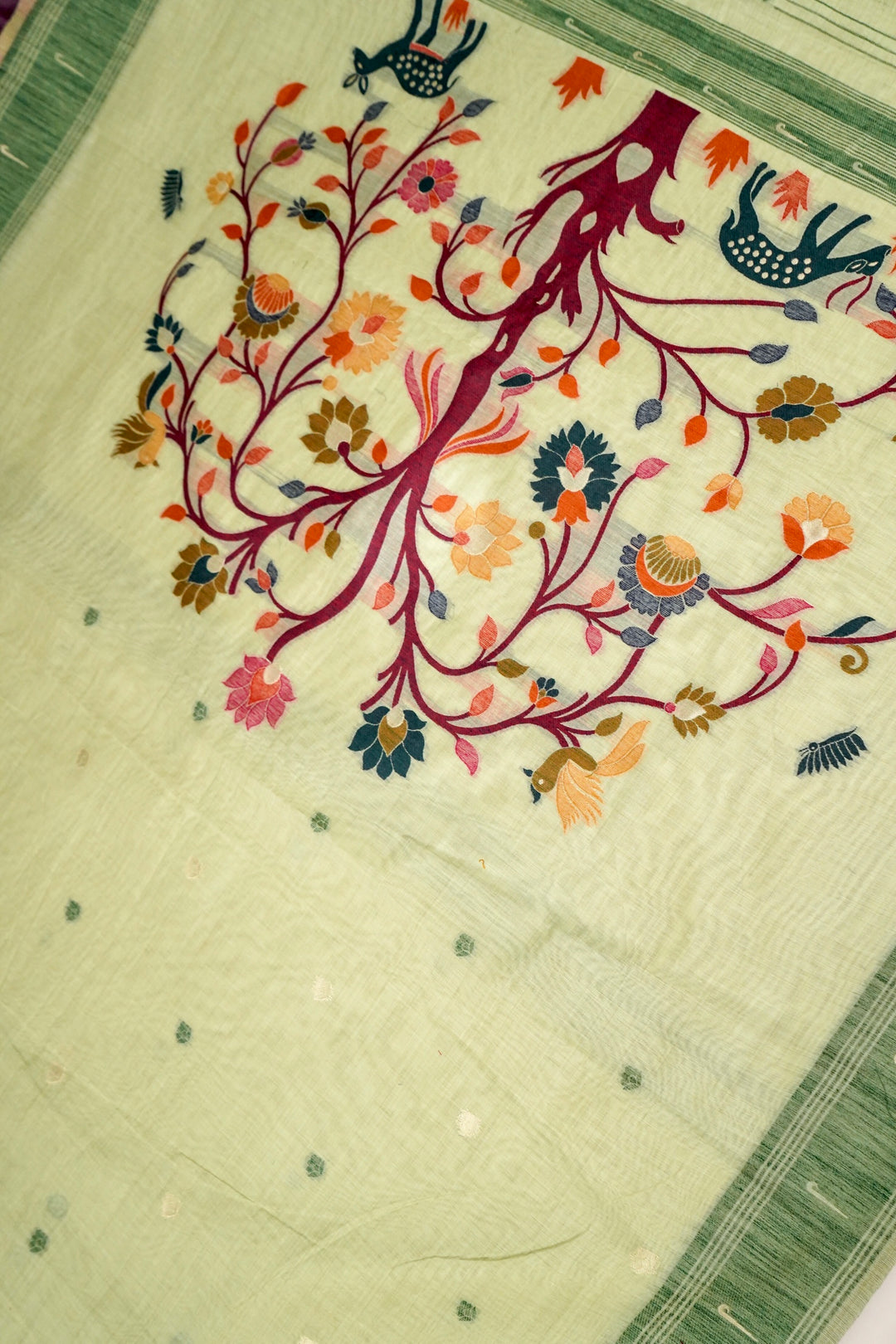 Elegant Pista Green Cotton Silk Saree with Thread Zari Bootidar Weave Jamdani Inspired Pallu View 2