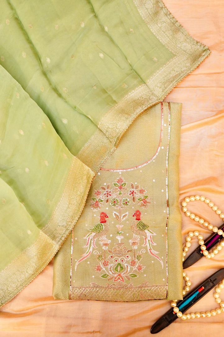 Pista Green Banarasi Brocade Soft Silk Unstitched Suit Set with Hand Zardozi Embroidery Bird Motif
