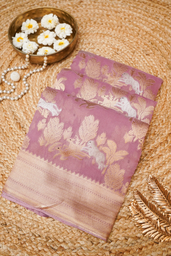 Lavender Pure Georgette Shikargah Saree with Zari Weave Animal Motifs