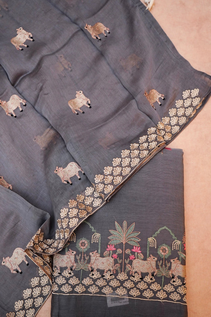 Grey Pure Chanderi Silk Suit Set with Pichwai Thread Embroidery