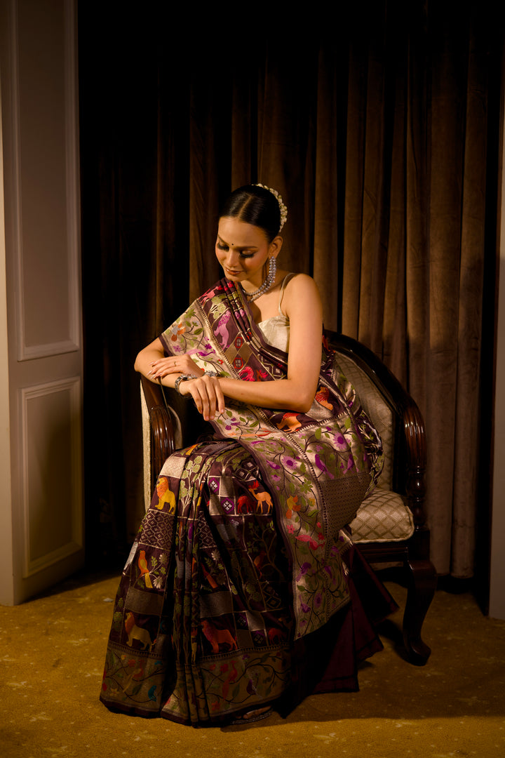 Handwoven Banarasi Pure Katan Silk Meenakari Shikargah Saree View 2