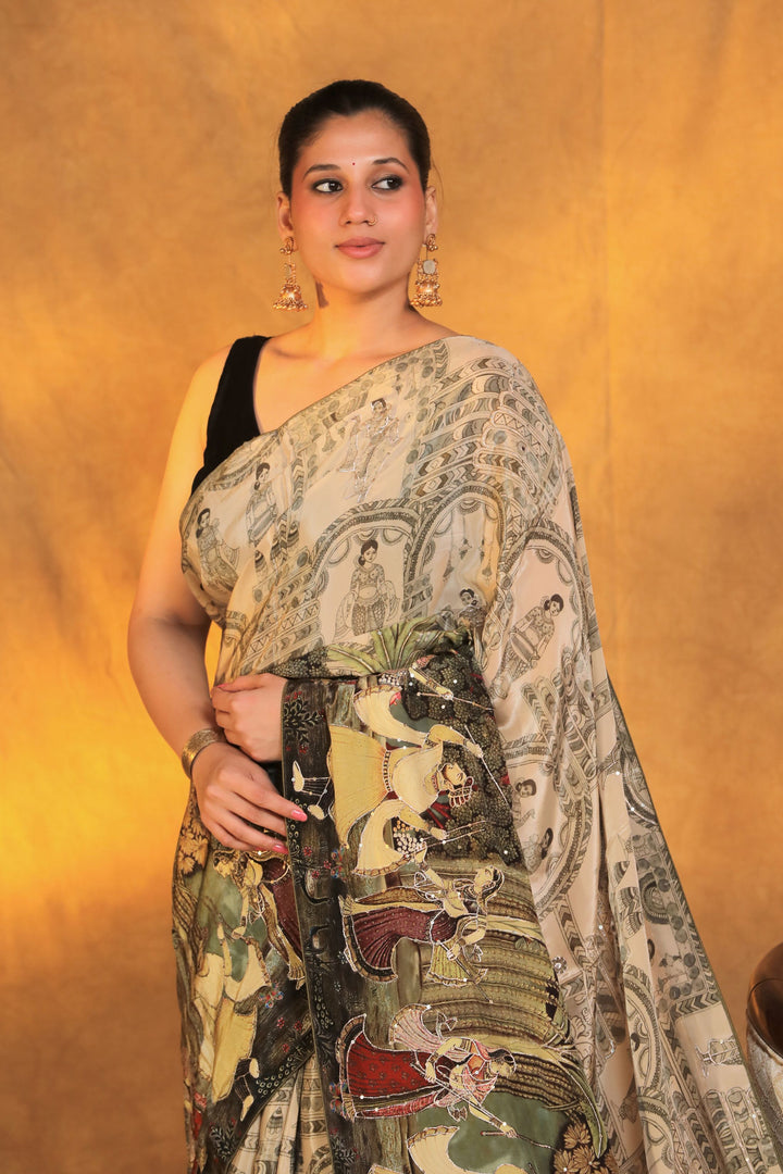 beige crepe silk katha embroidery figure motif saree closeup view 3