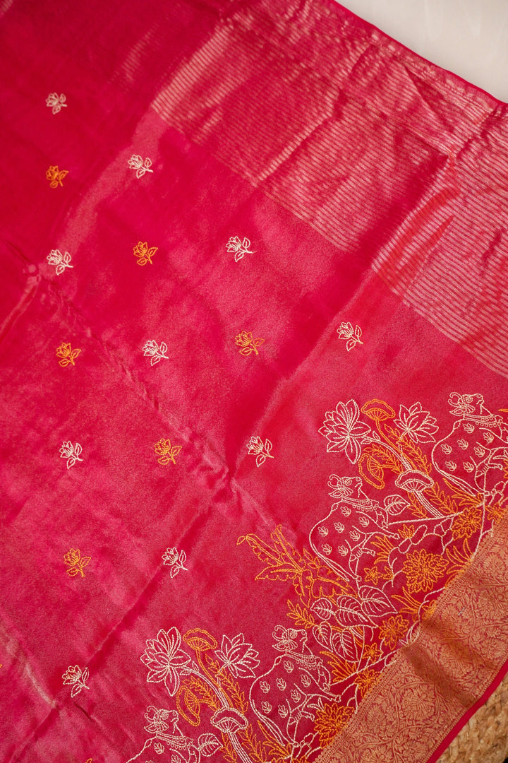 Rose Red Crepe Tissue Saree with Pichwai Resham Kadhai