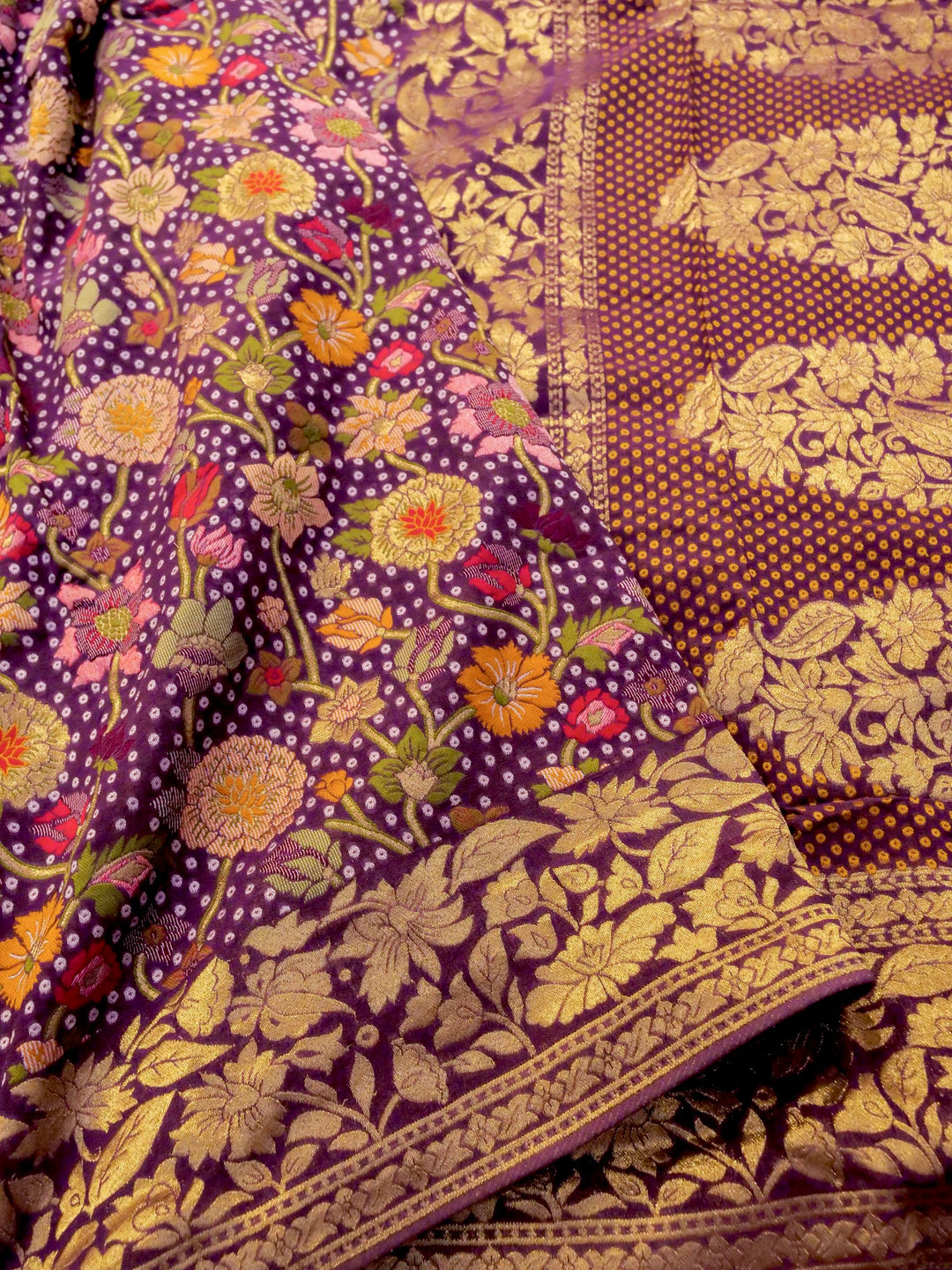 Bandhani Elegance Wine Khaddi Georgette Saree with Resham Weave Meenakari Jaal