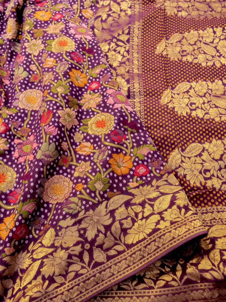 Bandhani Elegance Wine Khaddi Georgette Saree with Resham Weave Meenakari Jaal