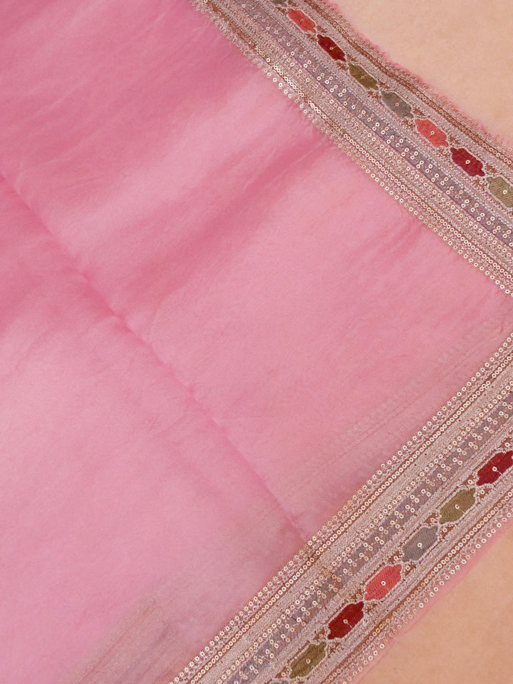 Sabyasachi Inspired Baby Pink Pure Organza Saree with Designer Border Heavy Resham Kadhai Blouse View 2