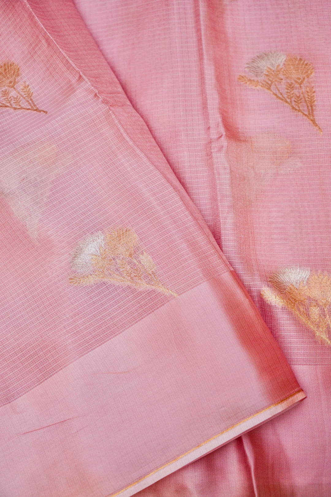Graceful Pink Kota Check Saree Sona Rupa Zari Floral Motifs on Classic Handwoven Checks