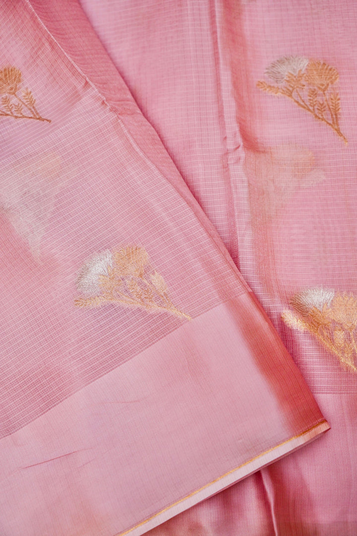 Graceful Pink Kota Check Saree Sona Rupa Zari Floral Motifs on Classic Handwoven Checks
