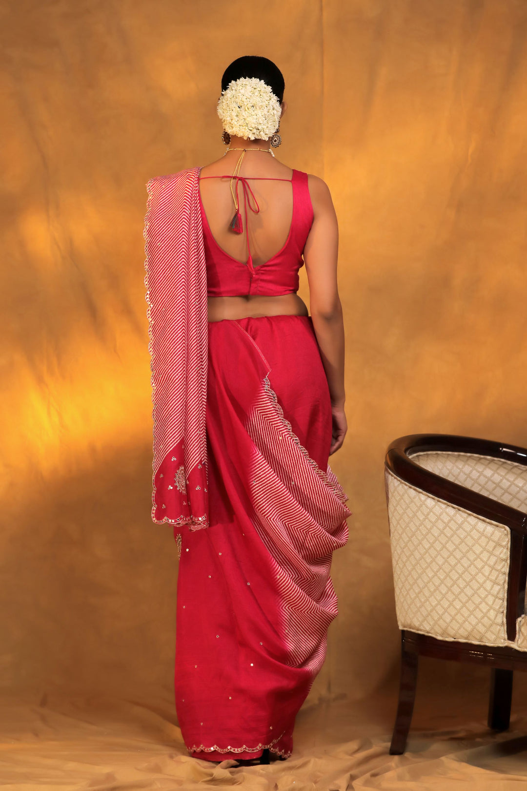 pink crepe silk geometric strip mirror work saree back view