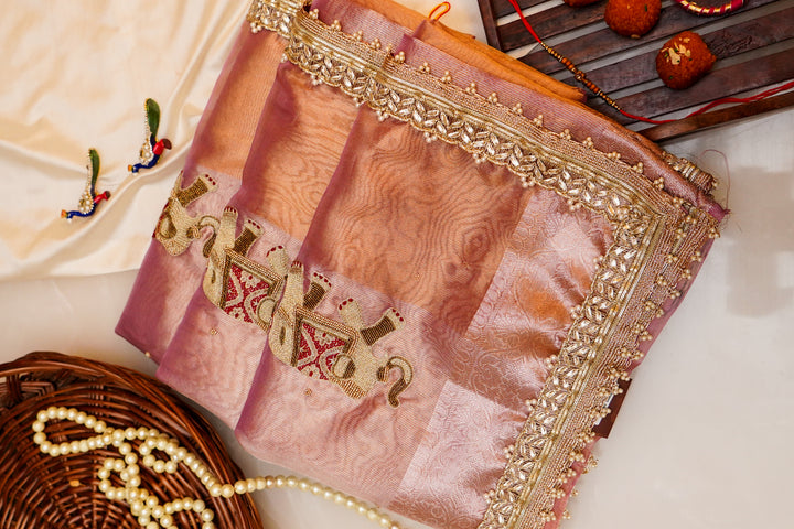 Golden Tissue Silk Saree with Pitta Zari Elephant Motifs & Scallop Border