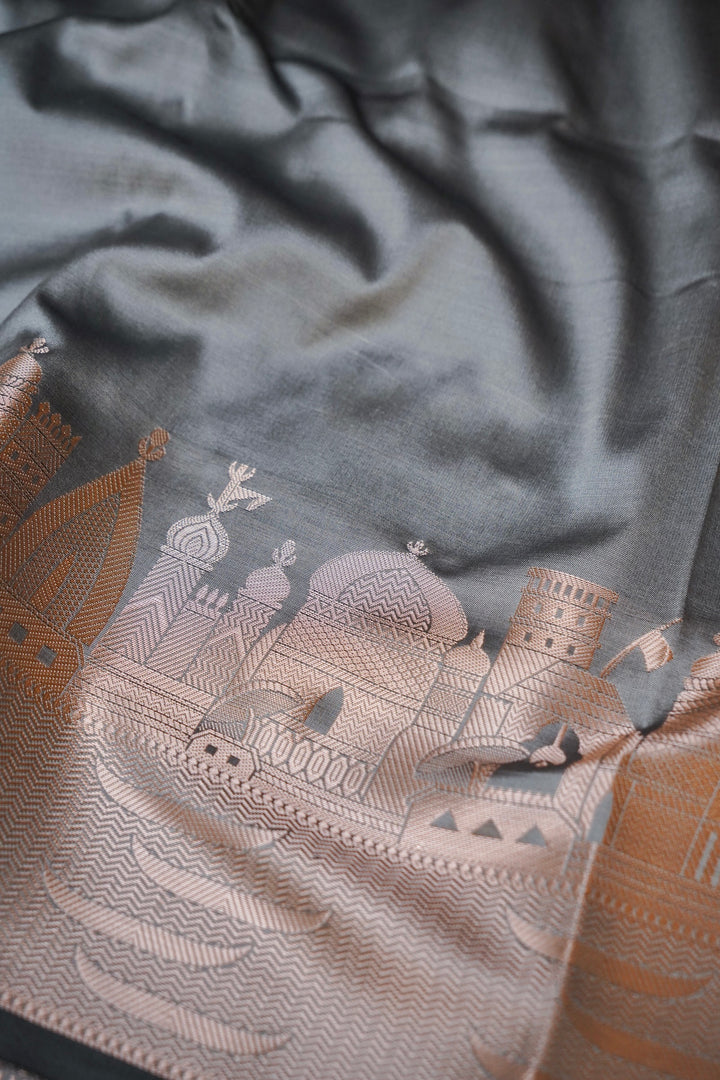 Silver Mist Grey Banarasi Modal Silk Ghat Design Saree View 4