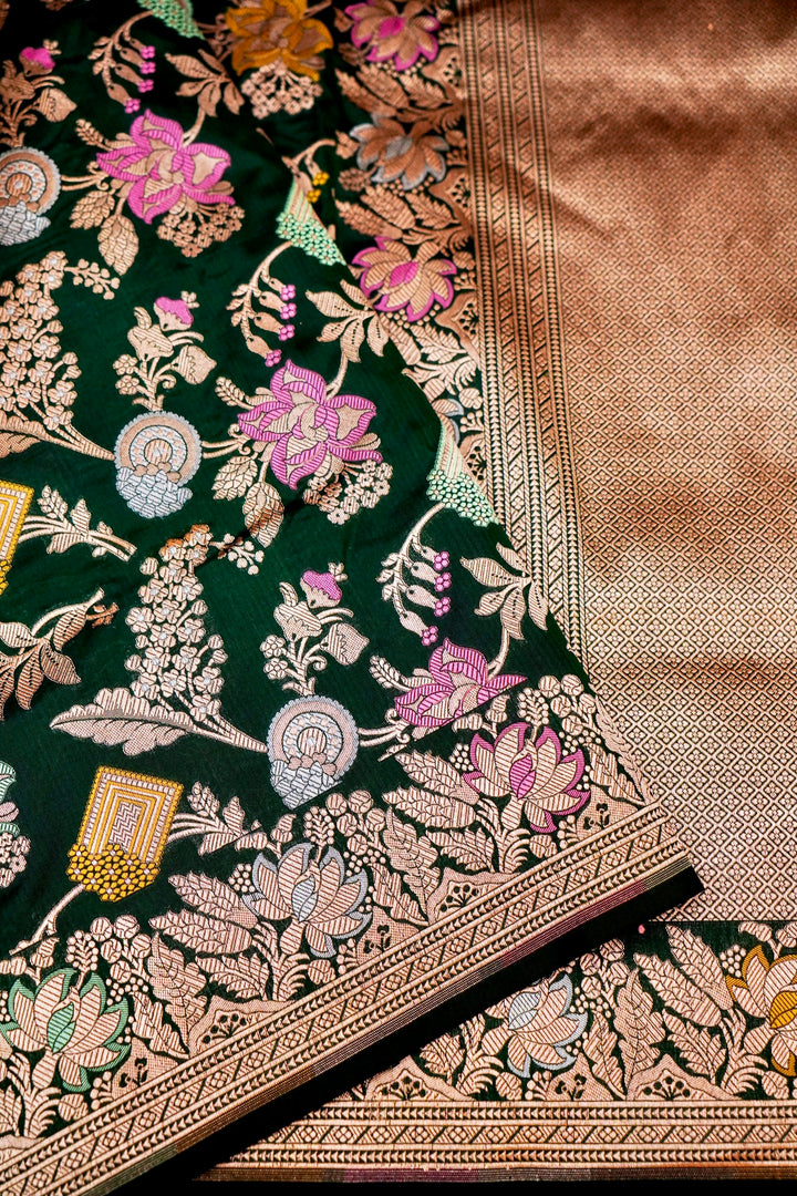 Majestic Bottle Green Banarasi Katan Silk Saree Handwoven Meenakari Jaal with Sona-Rupa Zari