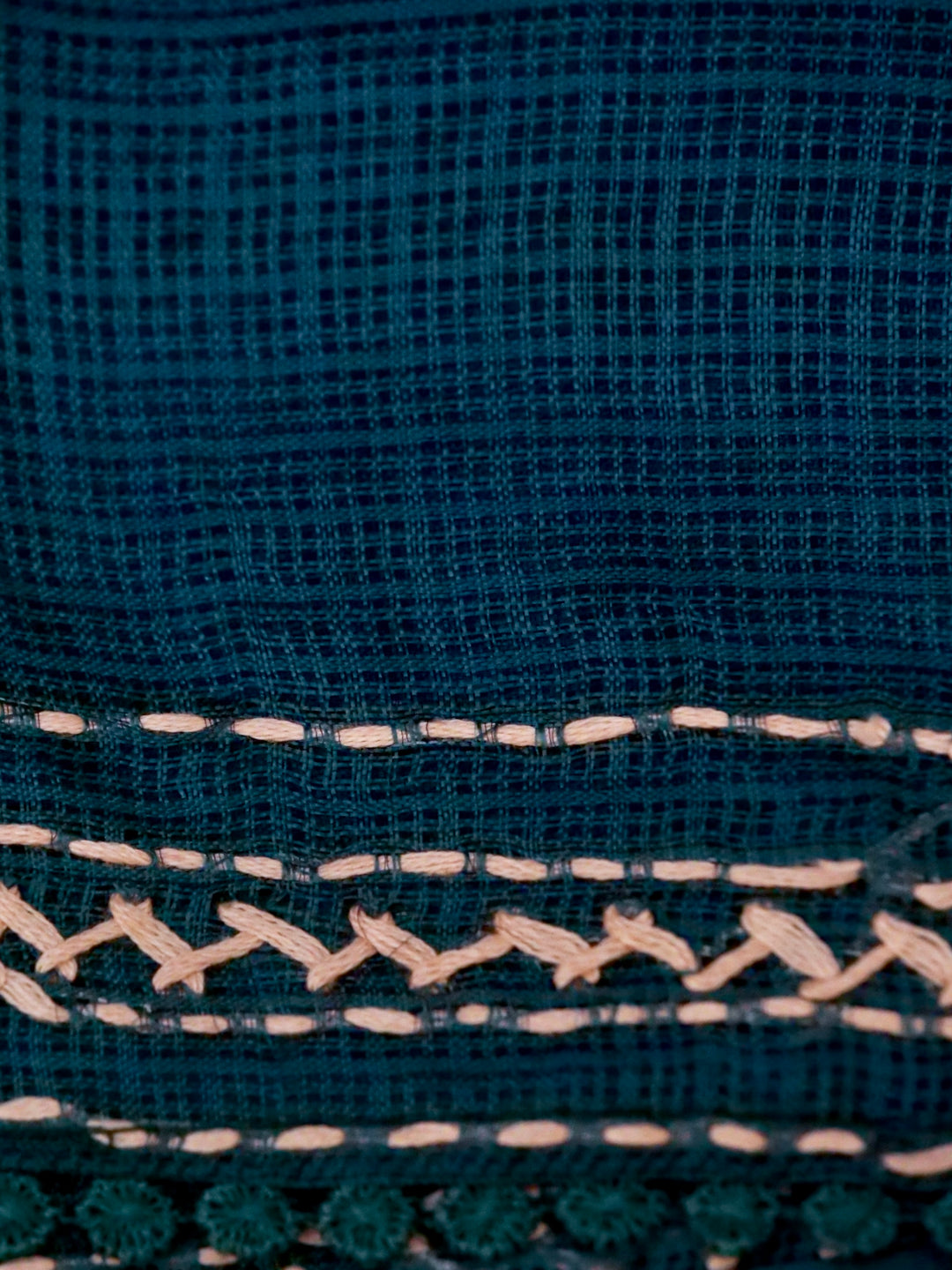 Teal Green Pure Kota Check Saree with Hand Kantha Embroidery View 6