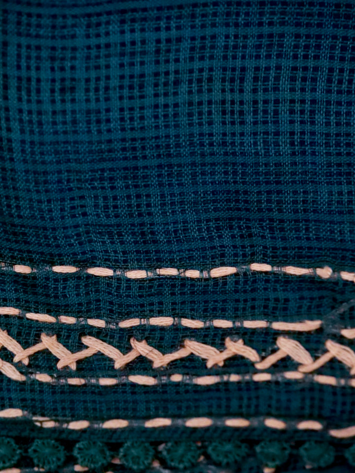 Teal Green Pure Kota Check Saree with Hand Kantha Embroidery View 6