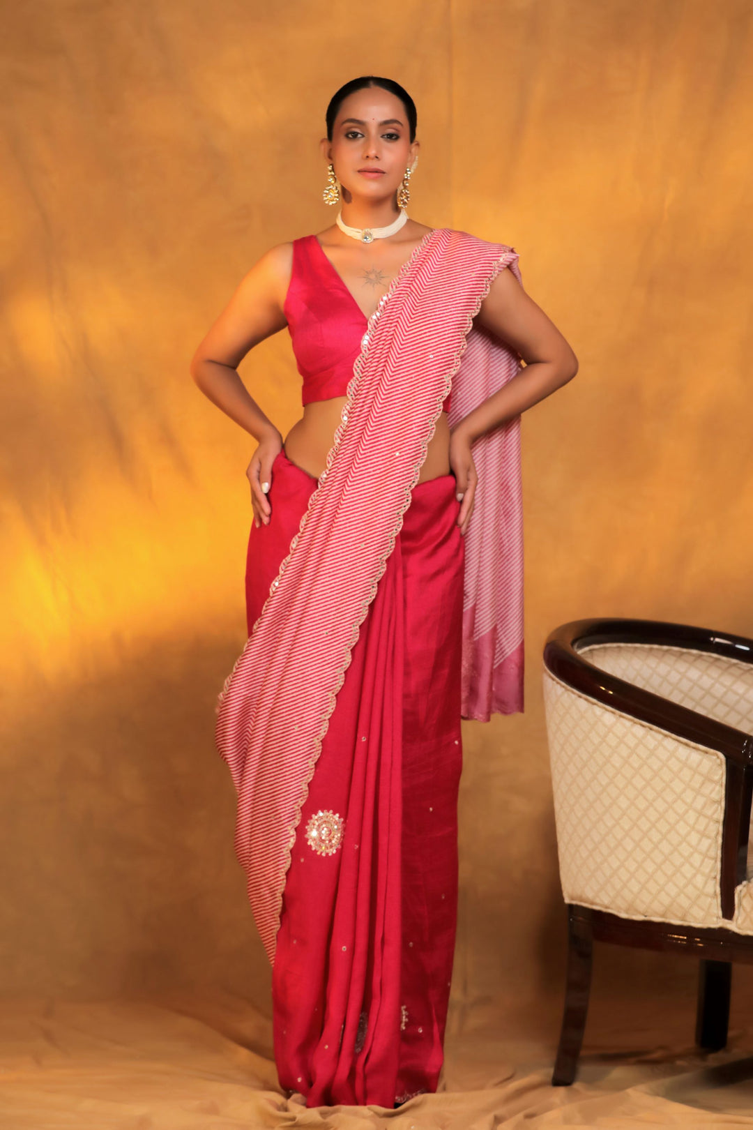 pink crepe silk geometric strip mirror work saree front view 1