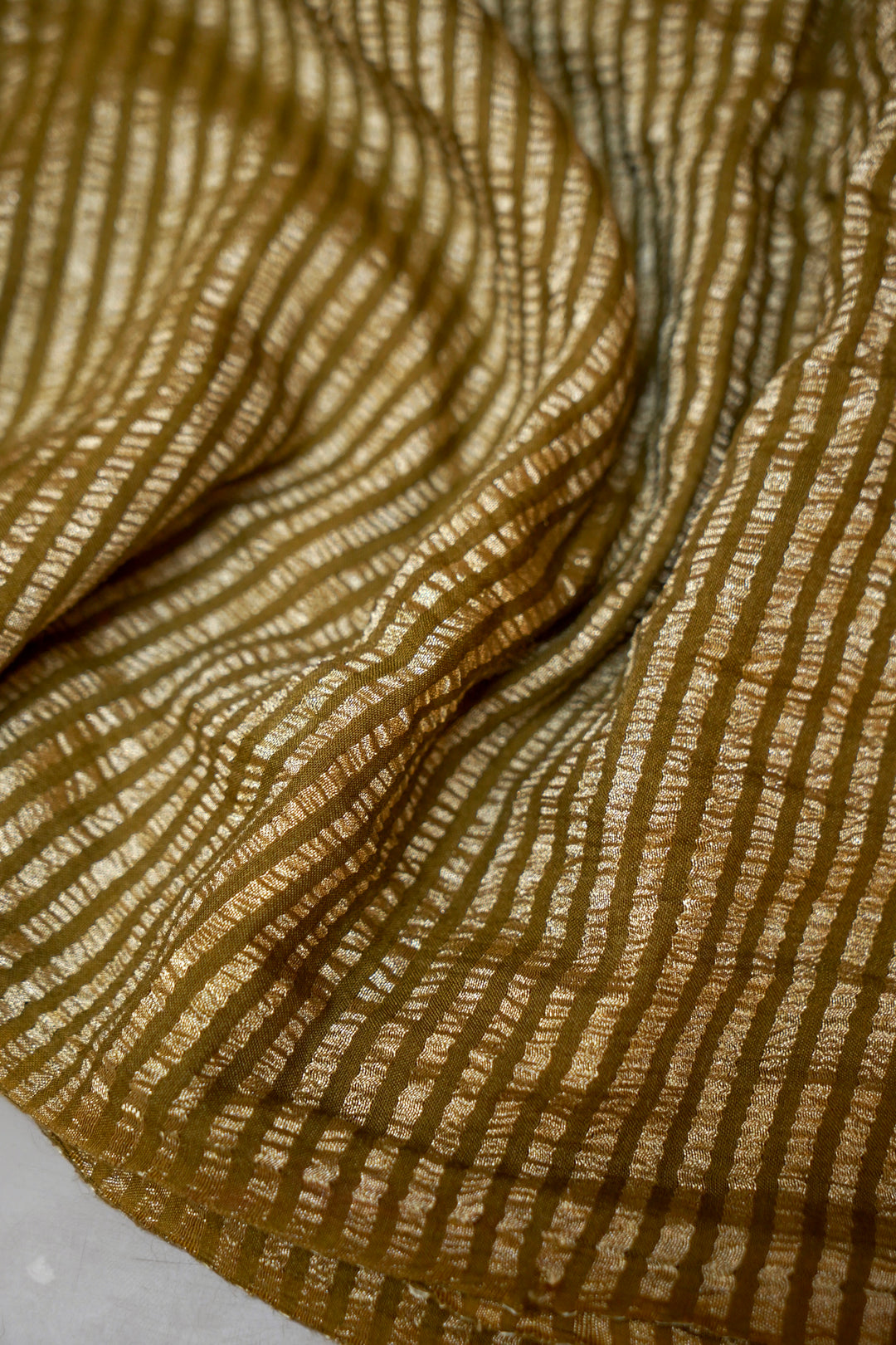 Elegant Olive Green Muga Georgette Saree with Zari Stripe Weave &amp; Crush Tissue Pallu