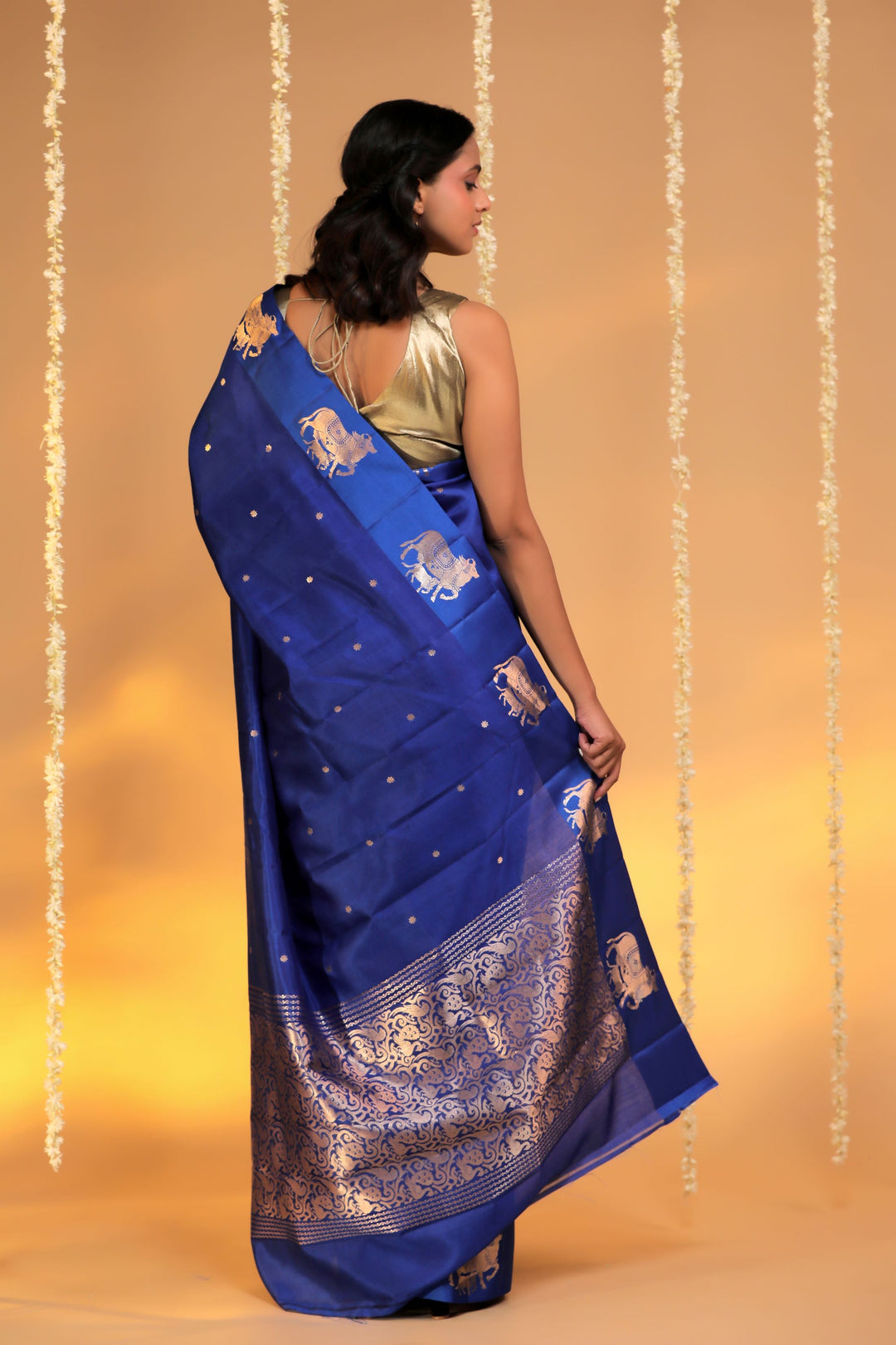 handwoven banarasi pure mashru silk kamdhenu motif satin border saree royal blue back view