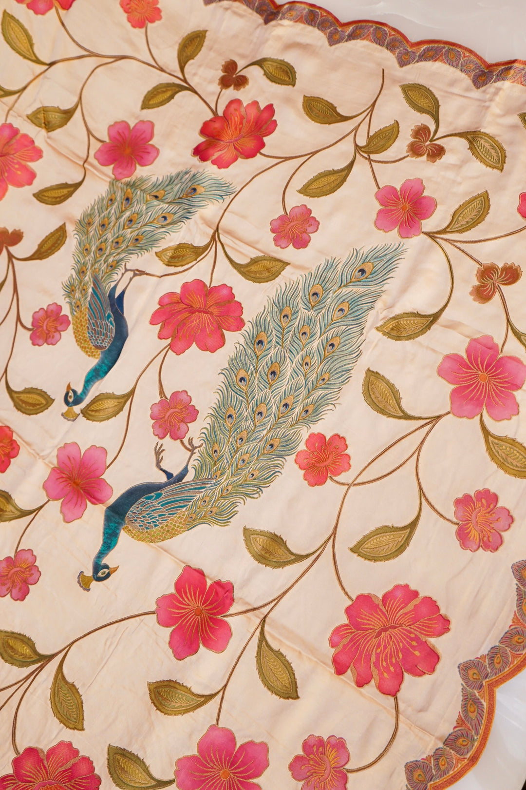 Cream Crepe Silk Saree with Meenakari Floral Body &amp; Peacock Motif Pallu
