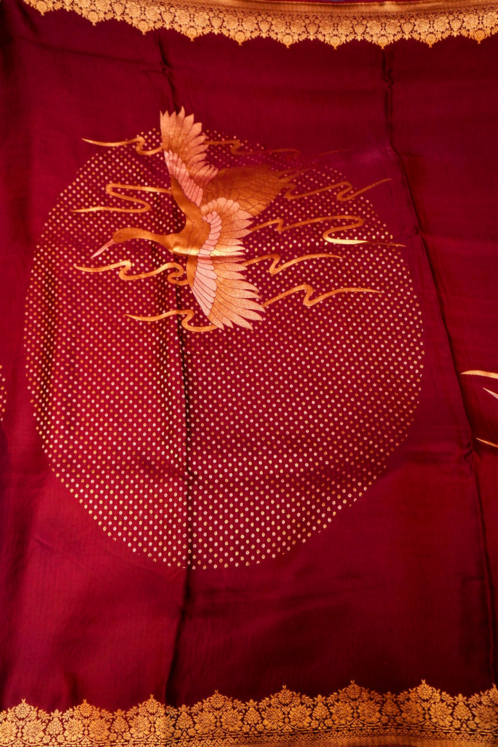 Banarasi Satin Crepe Bandhej Weaving Saree with Elegant Birds Motif