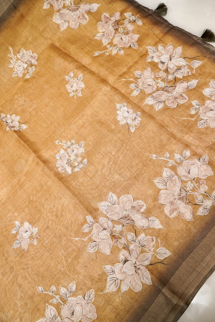 Beige Chanderi Tissue Saree with Aari Taari Embroidery Work