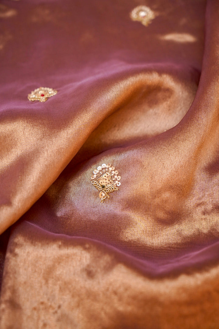 Lavender Gold Designer Tissue Silk Saree with Pearl and Kundan Embroidery View 4