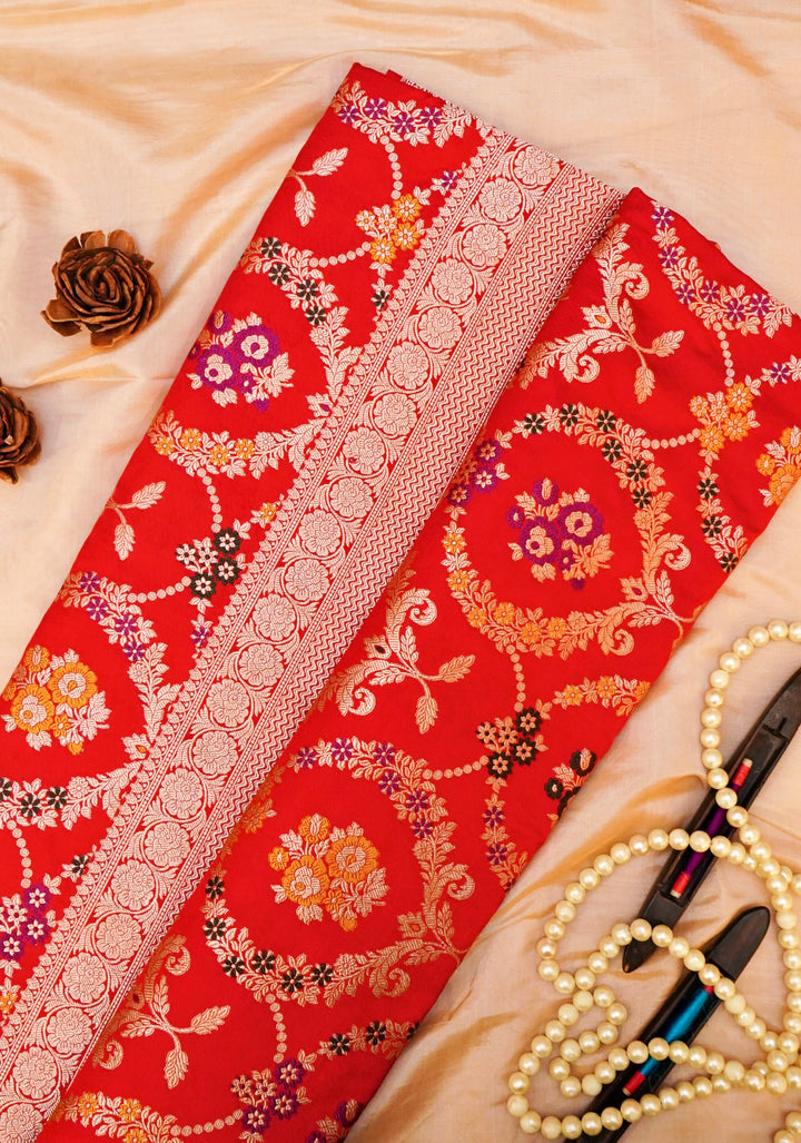 Red Bridal Pure Handloom Banarasi Katan Satin Silk Saree with Meenakari Jangla Design