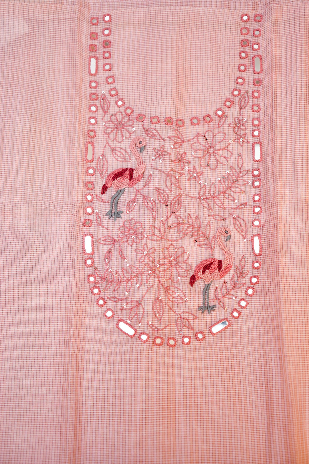 Pink Pure Chanderi Kota Fabric with Mirror & French Knot Thread Embroidery