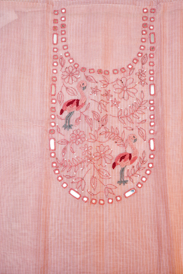 Pink Pure Chanderi Kota Fabric with Mirror & French Knot Thread Embroidery