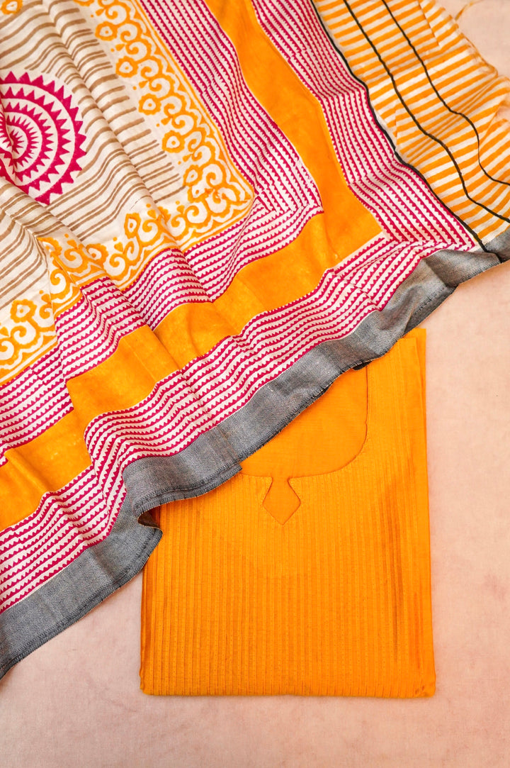 Yellow Dupion Silk Suit Set with White Block Print Dupatta