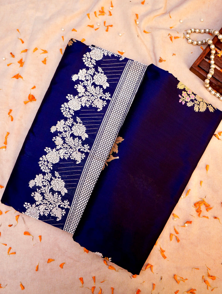 Royal Navy Blue Pure Handloom Katan Silk Kadwa Banarasi Saree