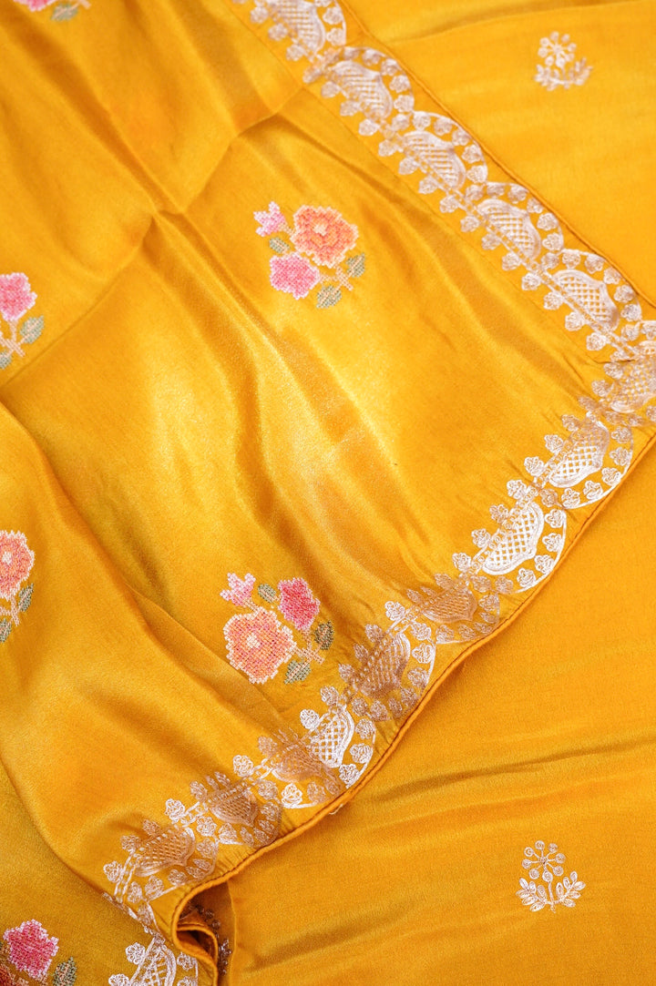 Yellow Crepe Tissue Silk Suit Set with Pitta Zari Embroidery Work