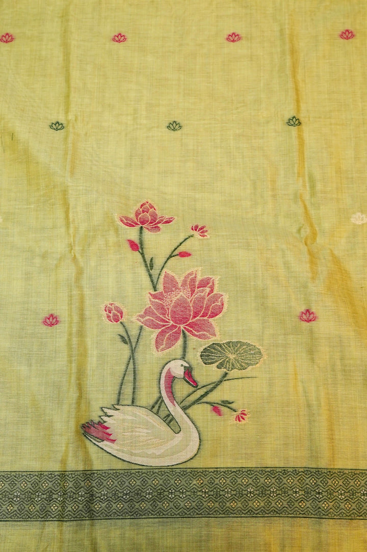 Pale Olive Green Cotton Silk Suit Set with Resham Embroidery