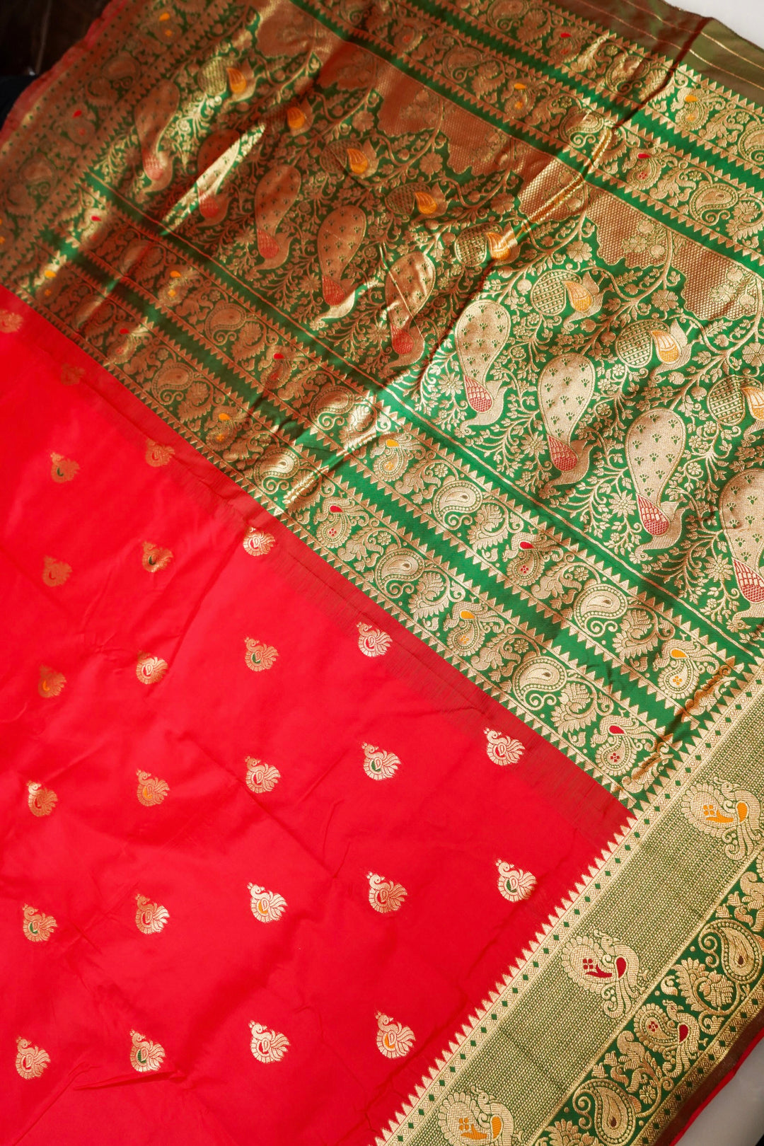 Red Soft Silk Kanjivaram Inspired Bridal Bird Motifs Saree with Contrast Border Pallu
