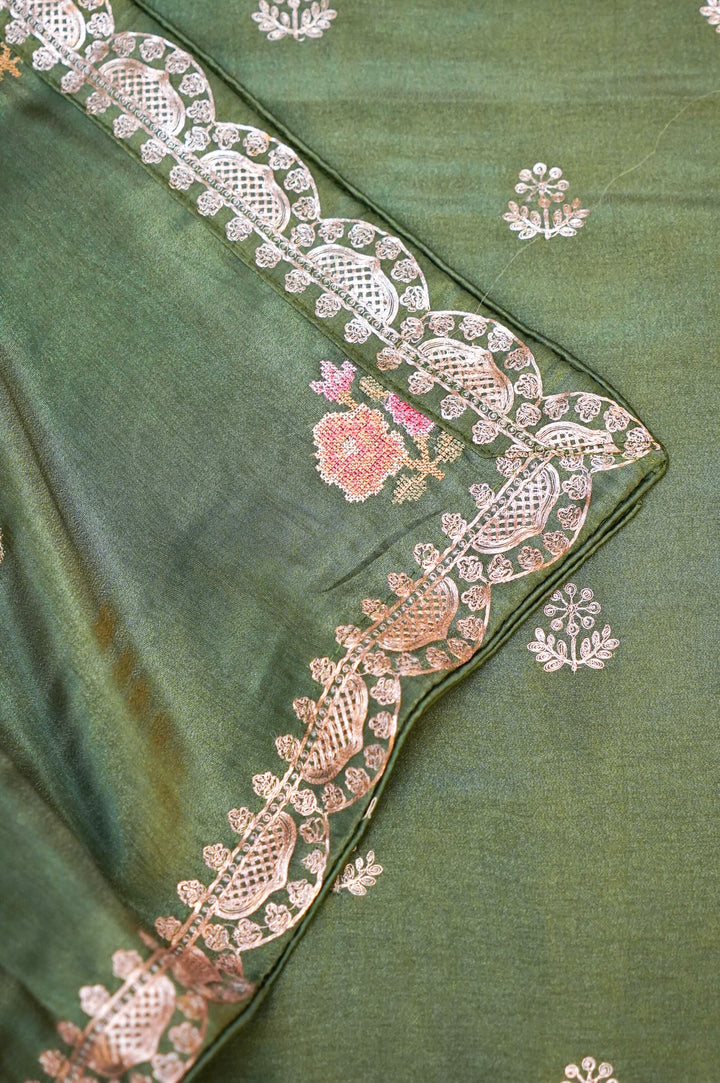Dark Green Crepe Tissue Silk Suit Set with Pitta Zari and Embroidery Work