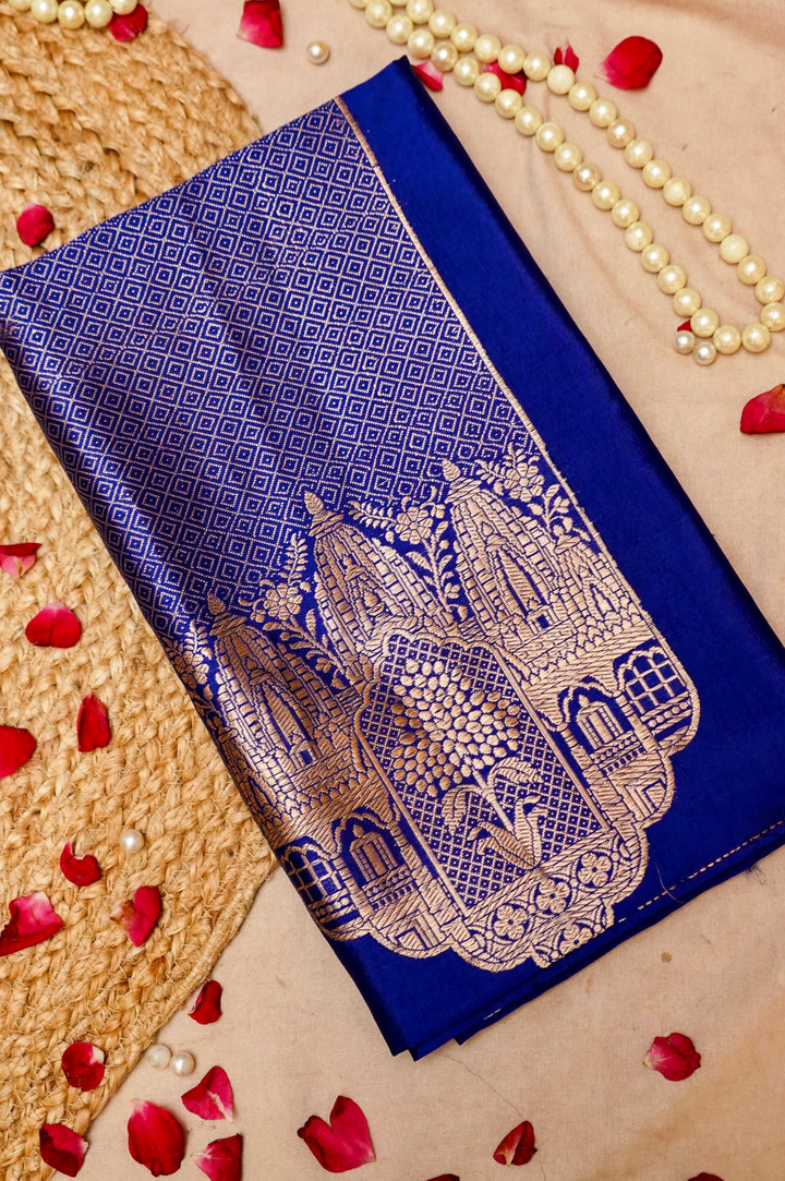 Royal Blue Katan Silk Cord Set with Banaras Ghat Neck Design View 2