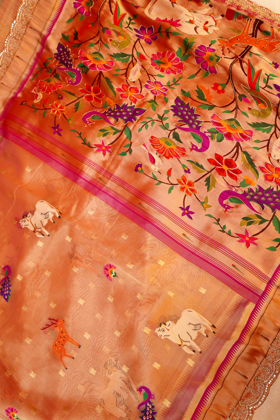 Handwoven Paithani Copper Gold Pure Tissue Silk Figure Motif Saree