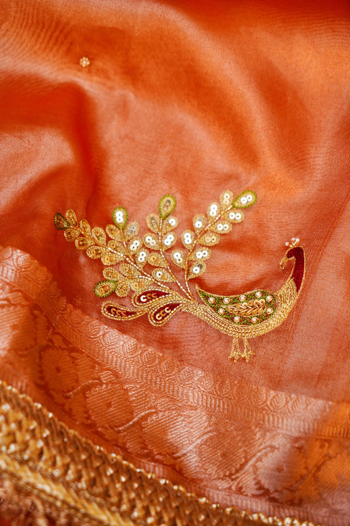 Copper Gold Tissue Silk Saree with Exquisite Peacock Motif Embroidery