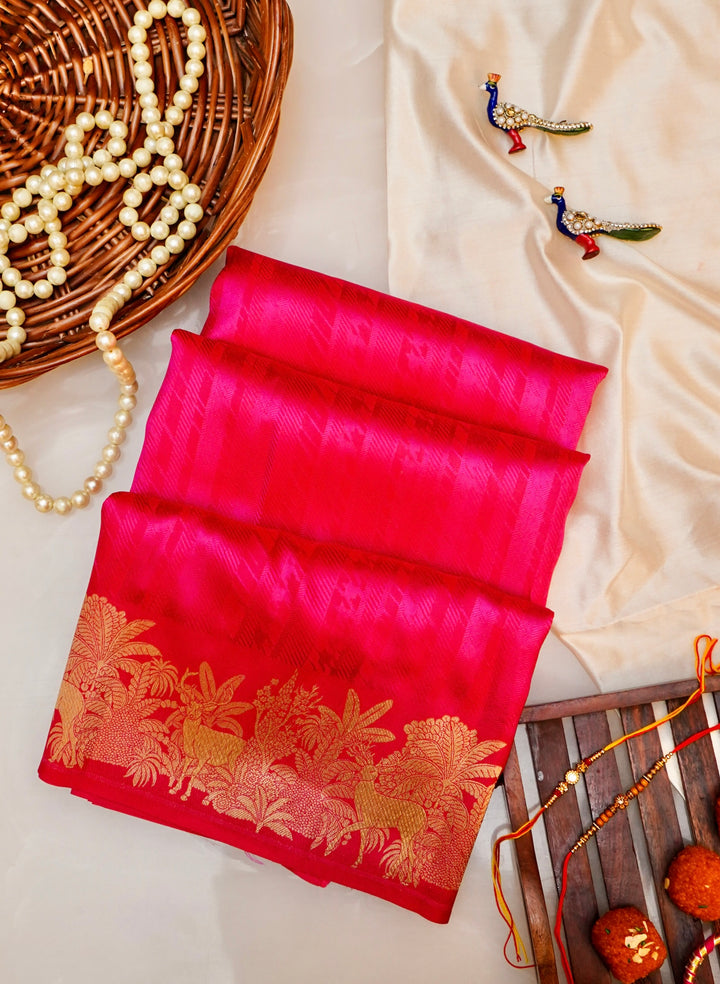 Regal Handwoven Pink Banarasi Pure Katan Silk Saree with Golden Zari Shikargah Border & Pallu