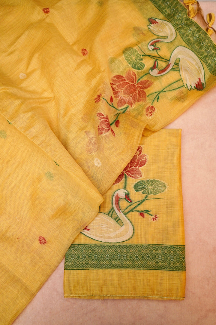 Yellow Cotton Silk Suit Set with Resham Embroidery
