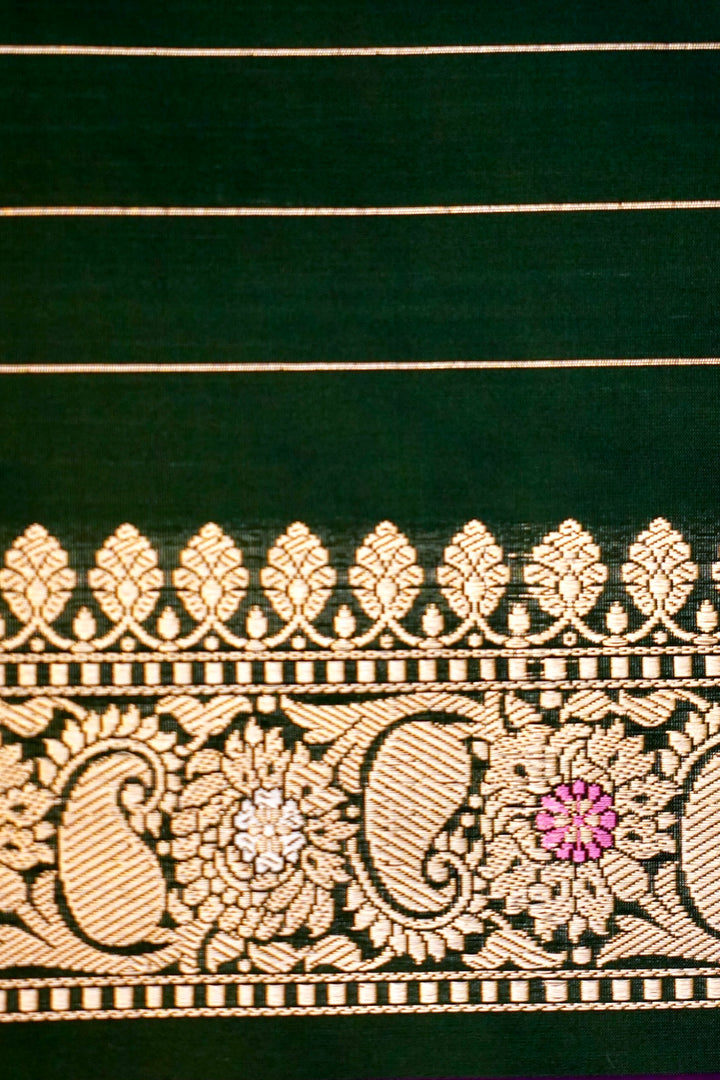 Bottle Green Pure Handloom Katan Silk Kadwa Banarasi Saree with Meenakari Motifs