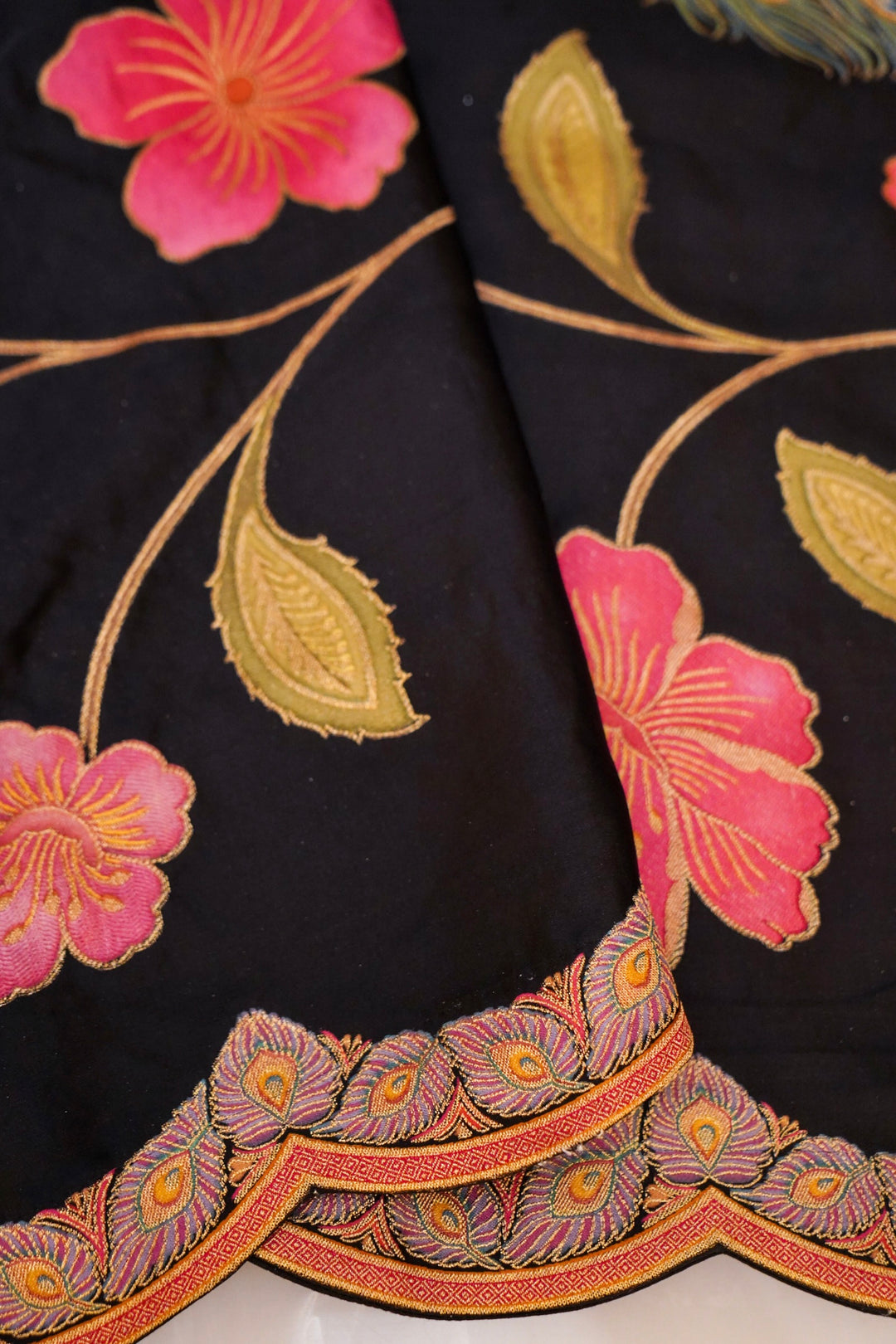 Black Crepe Silk Saree with Meenakari Floral Body &amp; Peacock Motif Pallu