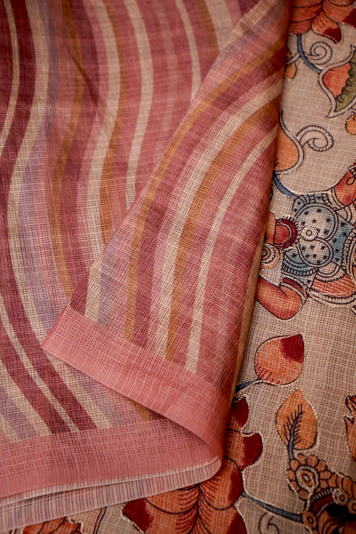 Artistic Kota Check Saree with Multicolor Leheriya Aari Tari Work Kalamkari Pichwai Pallu View 5