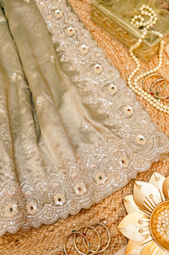 Pistachio Green Designer Tissue Silk Saree with Pearl and Kundan Embroidery View 1