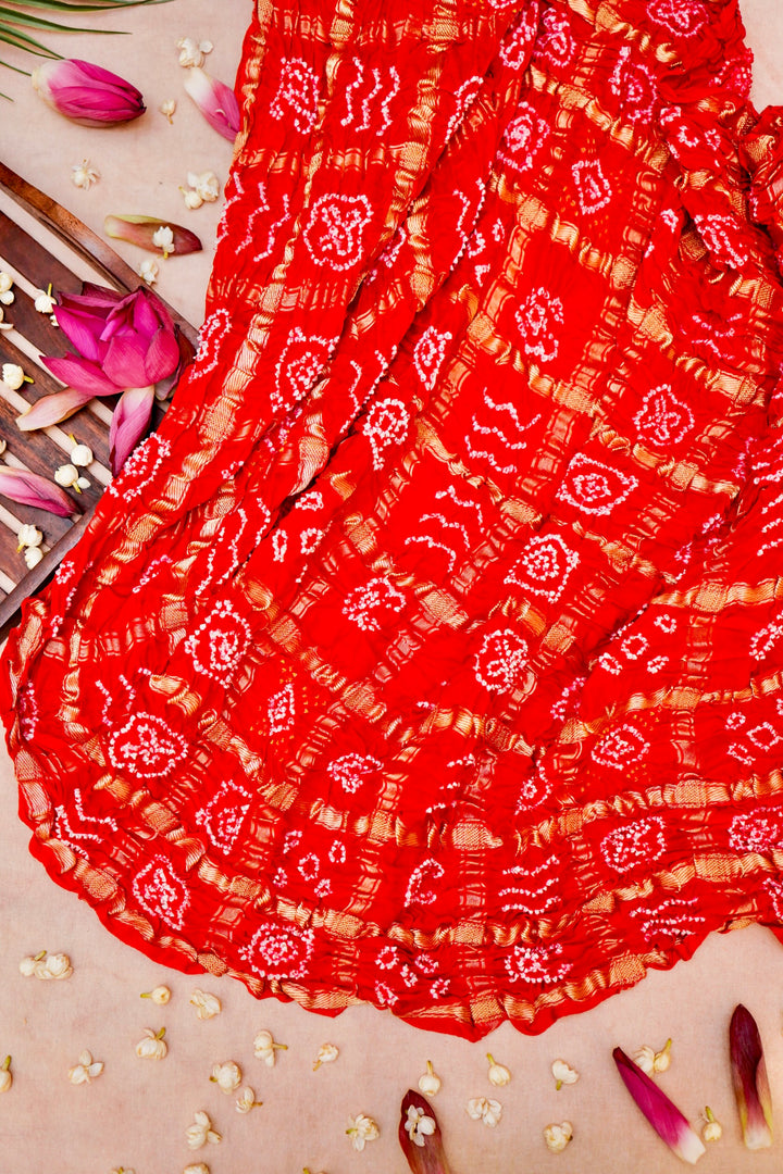 Eternal Bridal Elegance Red Gharchola Silk Saree with Zari Checks & Bandhej Motifs