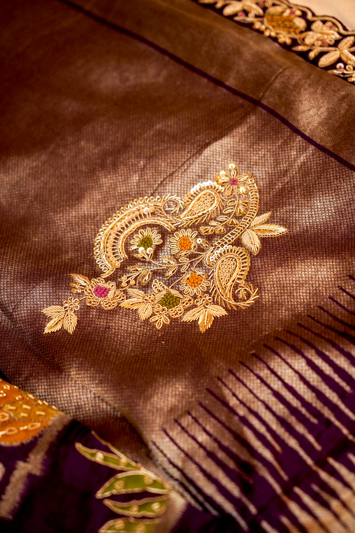 Plum Purple Pure Organza Silk Weaving Saree with Hand Zardozi Embroidery View 5