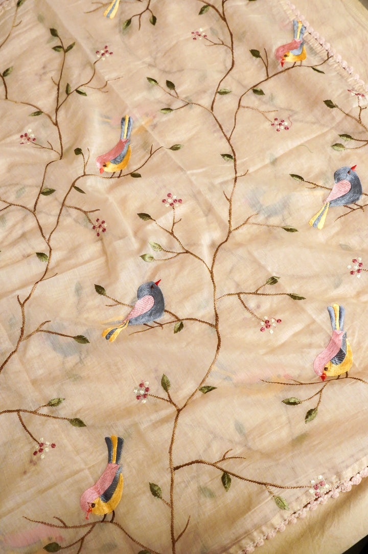 Beige Chanderi Silk Suit Set with Thread Embroidery Work