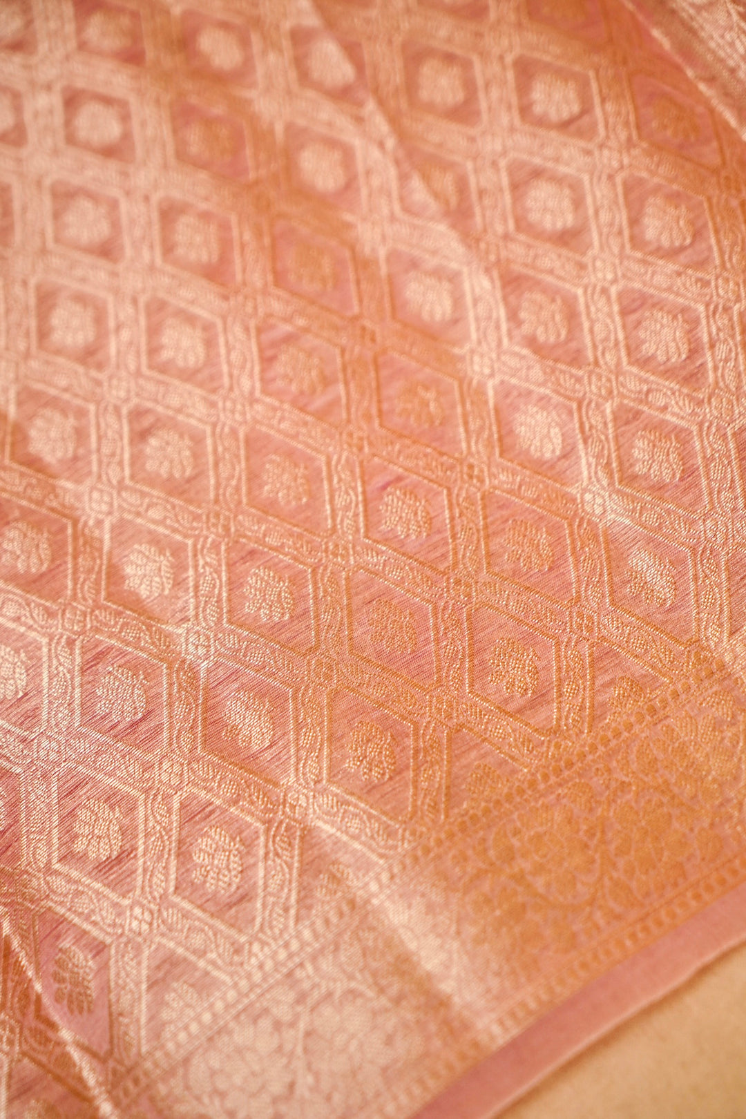 Baby Pink Zari Grace Border Pure Organza Silk Saree Pallu