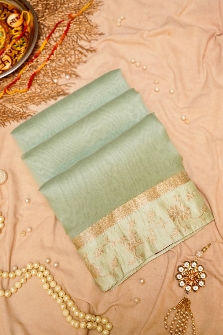 Banarasi Pastel Green Organza Silk Saree with Silk Weaving Border Cover View