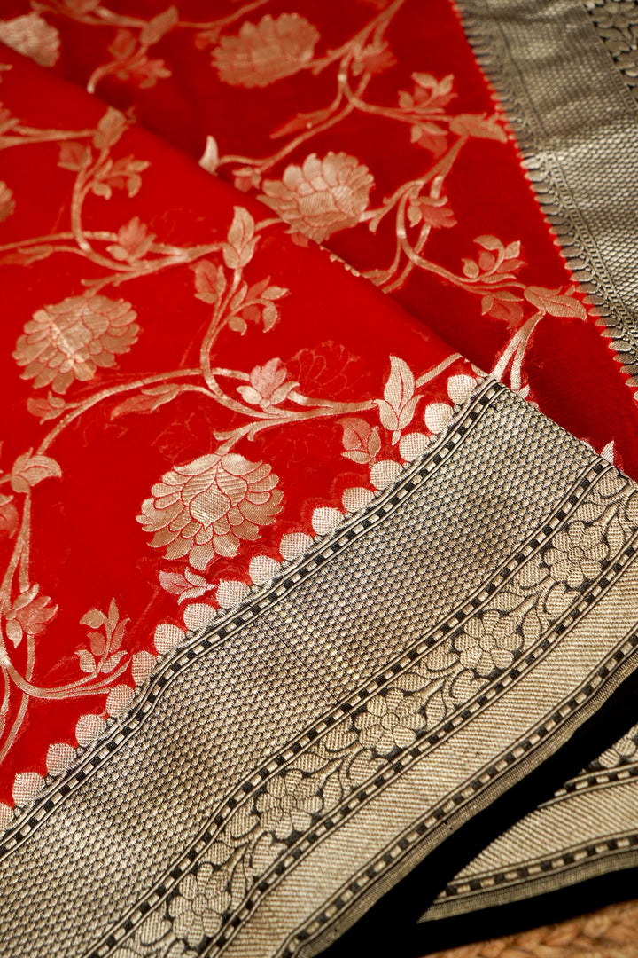 Handloom Red Pure Banarasi Khaddi Georgette Saree with Contrast Border &amp; Pallu