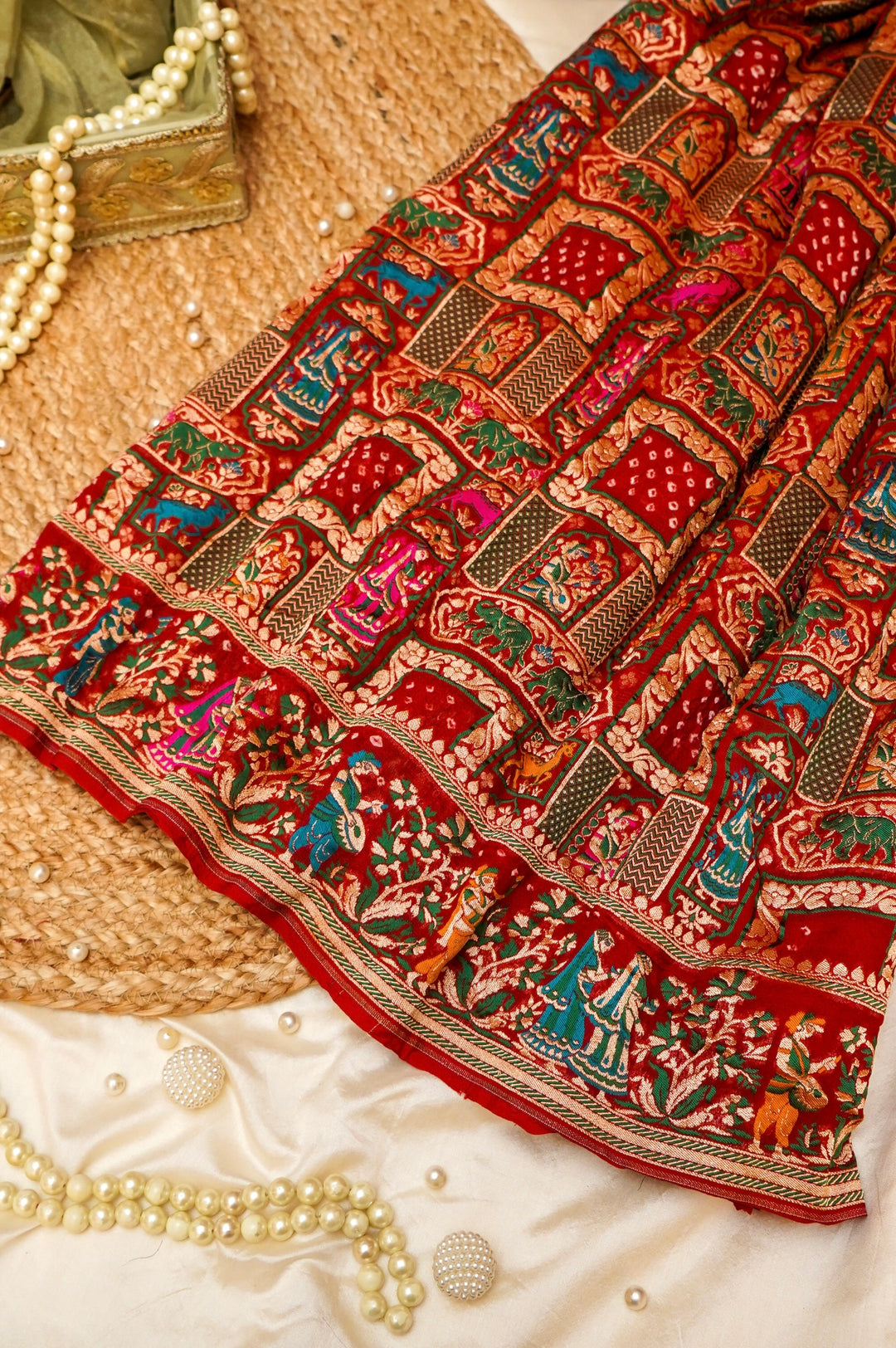Maroon Handwoven Pure Khaddi Georgette Bridal Bandhej Saree View 1